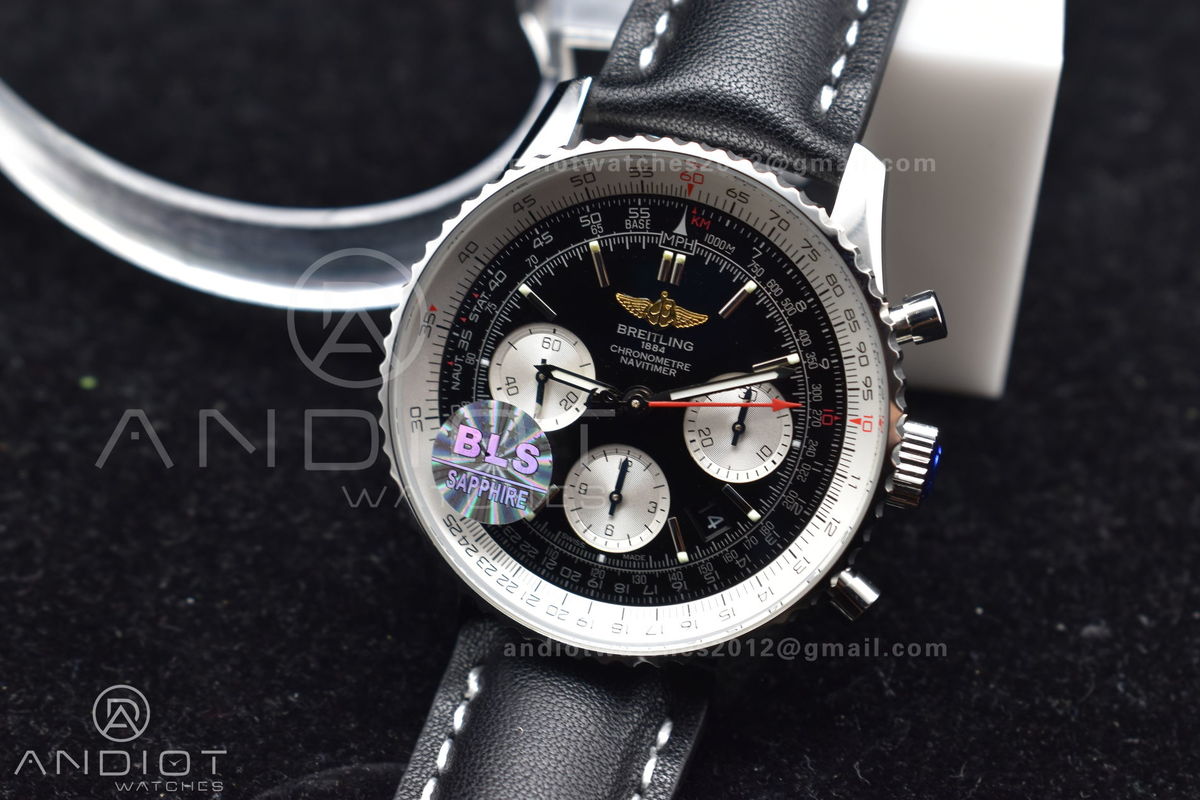 Navitimer 1 SS 43mm BLS 1:1 Best Edition Black Dial on Leather Bracelet A7750